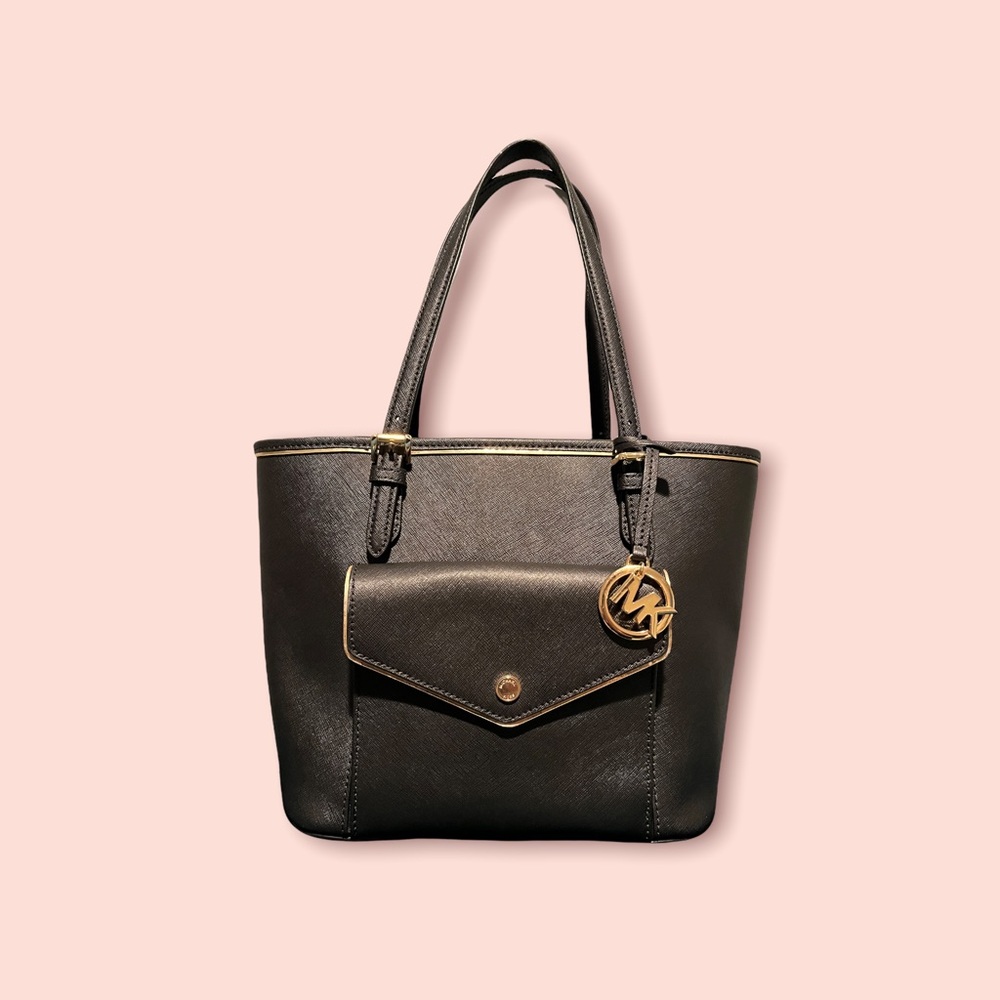 MICHAEL KORS Women's Saffiano Frame Tote Bag Black Leather